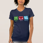 T-shirt Géologie d'amour de paix<br><div class="desc">Géologie d'amour de paix. Un cadeau géologique frais de la science pour un géologue qui étudie des sciences de la terre et des roches par l'histoire géologique de la planète. Elle comporte un signe de paix mignon,  coeur,  et les géologues basculent le marteau.</div>