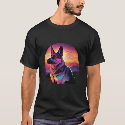 T-shirt German Shepherd Synthwave 80s Retrowave Aesthetic (Devant)