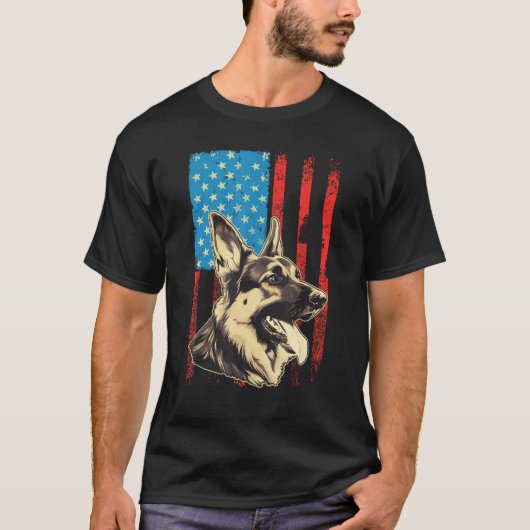 T-shirt German Shepherd USA American Flag 4th of July Grun (Devant)
