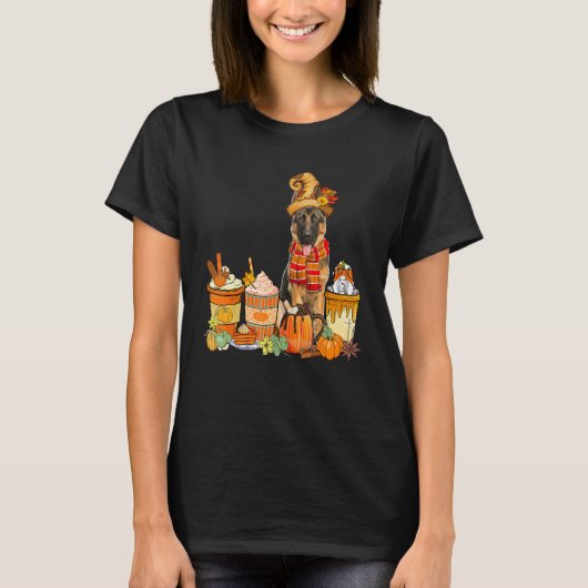 T-shirt German Shepherd Wearing Hat With Coffee Cups Fall  (Devant)