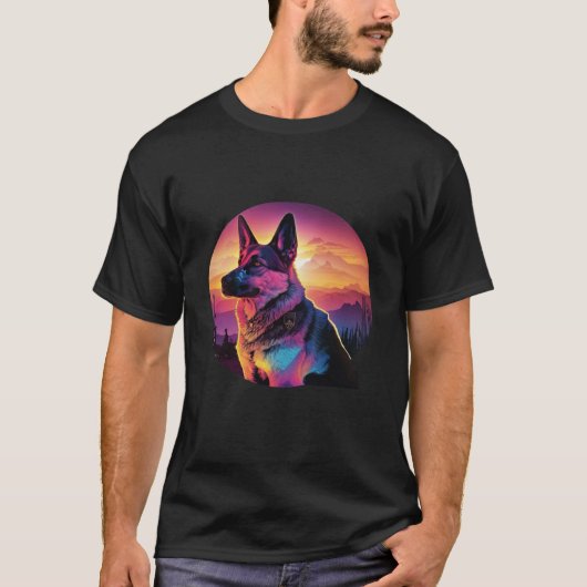 T-shirt German Shepherd with a Nostalgic 80s Retrowave Aes (Devant)