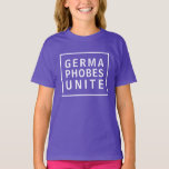 T-shirt Germaphobes Unite Funny Pandemic Meme<br><div class="desc">Une citation drôle pendant la pandémie Covid-19 a été "Germaphobes Unite"! Ce design de texte moderne a du texte blanc sur une chemise foncée avec un cadre carré rectangle blanc assorti autour du texte. Il fait un grand cadeau pour votre germaphobe préféré. Disponible dans une variété de tailles, de couleurs...</div>