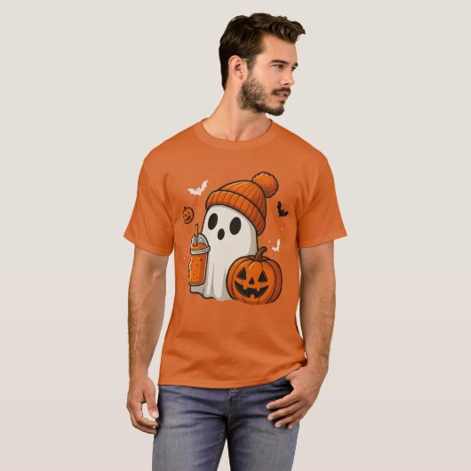 T-shirt Ghost d'Halloween mignonne avec Citrouille et boir (Devant entier)