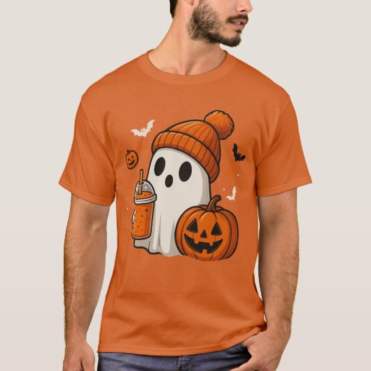 T-shirt Ghost d'Halloween mignonne avec Citrouille et boir (Devant)