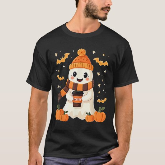 T-shirt Ghost Drinking Coffee Halloween Cute Ghost Ice Cof (Devant)