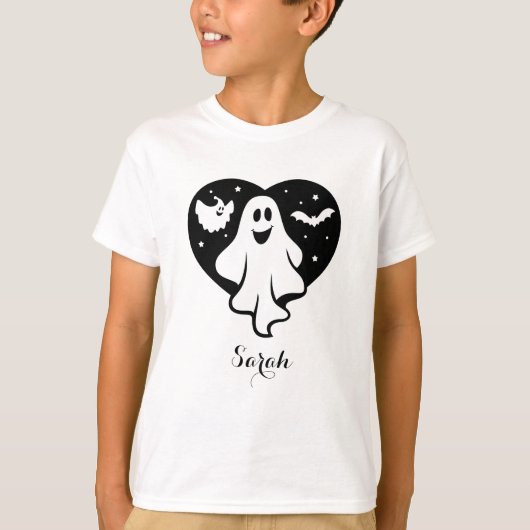 T-shirt Ghost Halloween mignon Avec Coeur Et Chat (Devant)