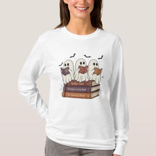 T-shirt Ghost Reading Bookworm Cosy Long Sleeve Halloween (Devant)