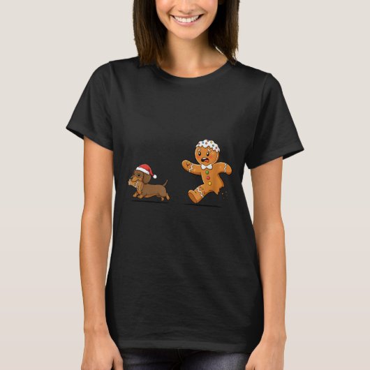 T-shirt Gingerbread Cookie Chasing Dachshund Christmas Dog (Devant)