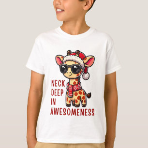 T-shirt Girafe de Noël avec lunettes de soleil, Père Noël