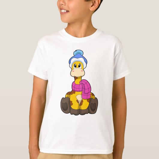 T-shirt Girafe en hiver avec Casquette et écorce (Devant)