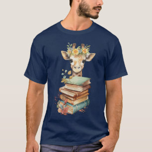 T-shirt Girafe Mignonne Avec Livre Floral Bibliophile Bibl