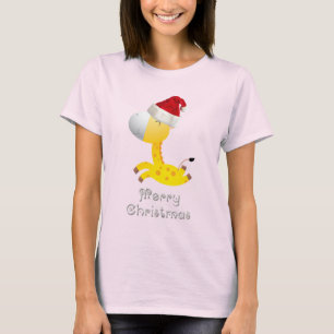 T-shirt Girafe mignonne dans le casquette de Père Noël