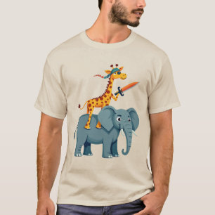T-shirt Girafe montant un requin avec une épée unique tend