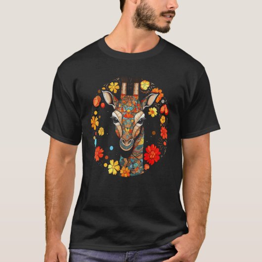 T-shirt Giraffe Artwork Colourful Flowers Animals Motif Gi (Devant)