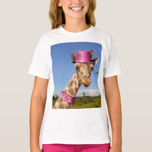 T-shirt Giraffe dans un casquette rose étincelant