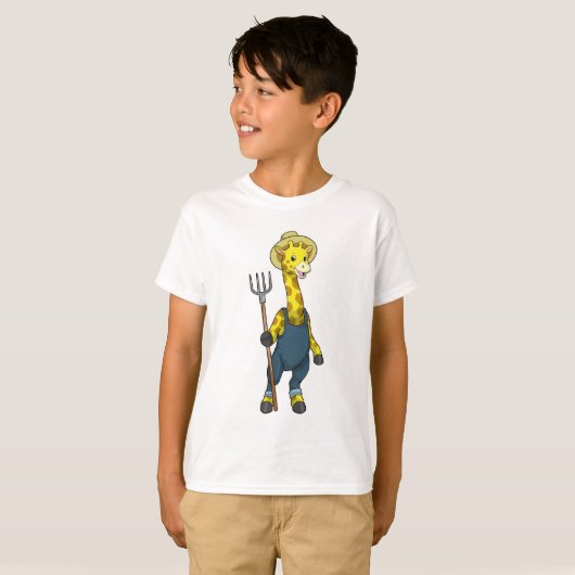 T-shirt Giraffe en fermier avec Pitchfork (Devant entier)