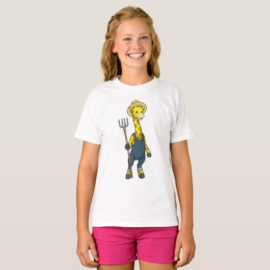T-shirt Giraffe en fermier avec Pitchfork (Devant entier)