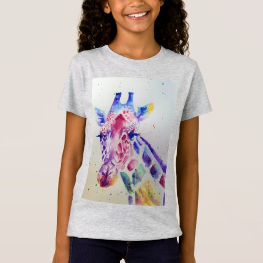 T-Shirt Giraffe Whimsical Aquarelle gris filles T Chemise (Devant)