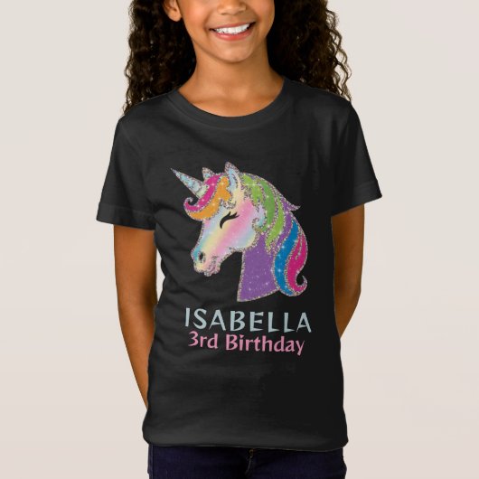 T-Shirt Girls Personalized Glowing Unicorn Birthday (Devant)