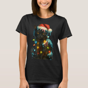 T-shirt Glace au chat noir de Noël Chapeau de Père Noël qu