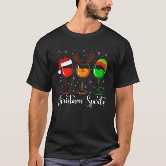 T-shirt Glasses Of Wine Christmas Spirits Xmas Lights Elf  (Devant)