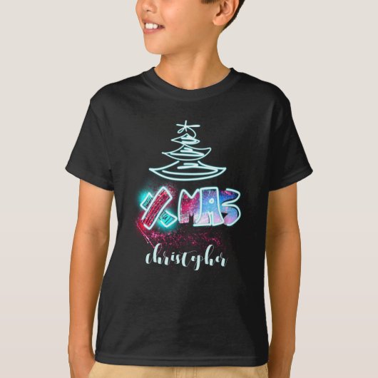 T-shirt Glitter Glow Tree Blue And Red Xmas Tygraphy Toddl (Devant)