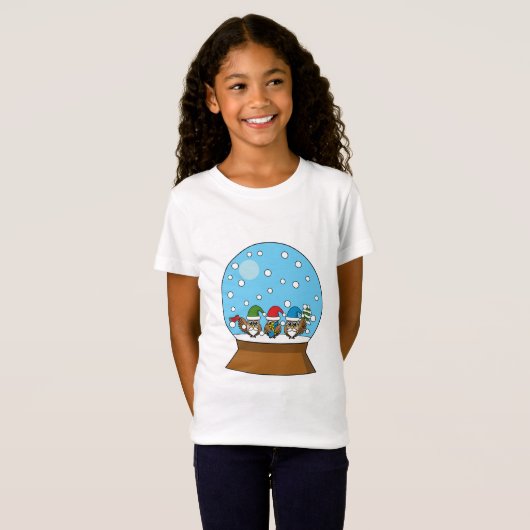 T-Shirt Globe des neiges avec trois Chouettes Gnomes (Devant entier)