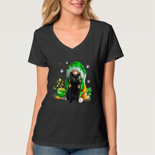 T-shirt Gnome Black Cat Shamrock St Patricks Day Kitten Gi (Devant)