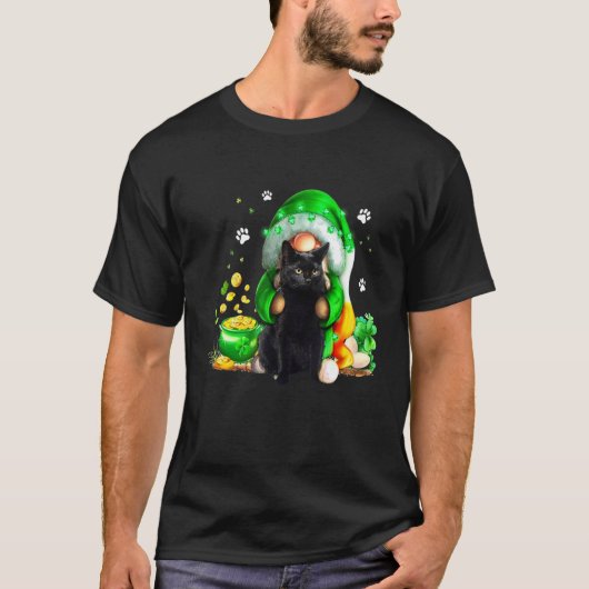 T-shirt Gnome Chat Noir Trèfle Saint Patrick Journee Kitte (Devant)