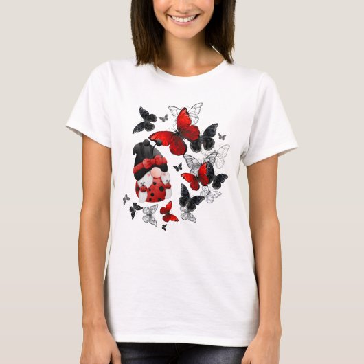 T-shirt Gnome rouge et noire de Ladybug avec papillons (Devant)