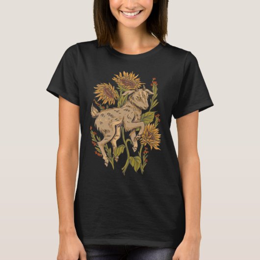 T-shirt Goat in the Forest with Flowers for Men Women Chil (Devant)