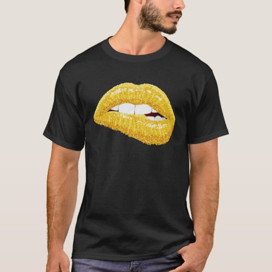 T-shirt Gold Lips Biting Lipstick Makeup (Devant)