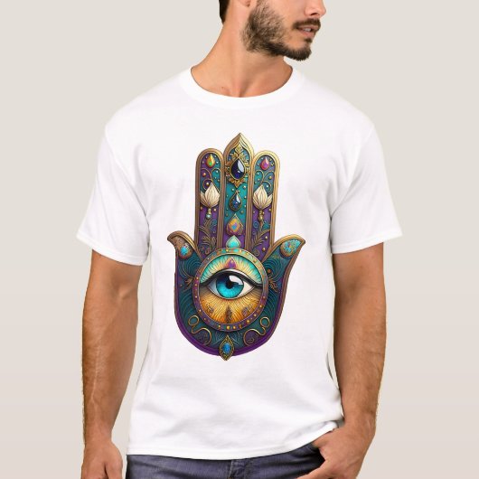 T-shirt Gold Violet Teal Hamsa w/ Turquoise Third Eye (Devant)