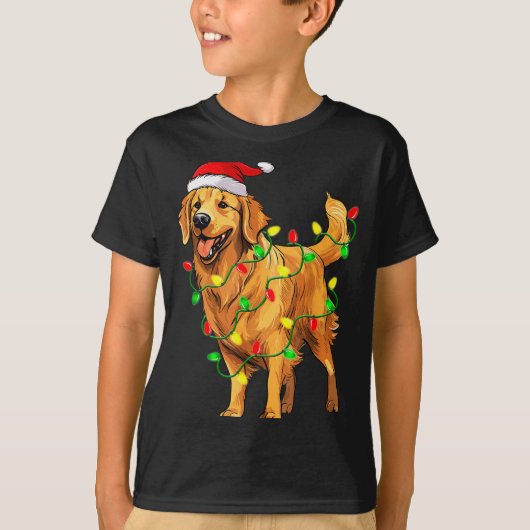 T-shirt Golden Retriever Christmas Santa Hat Tree Lights P (Devant)
