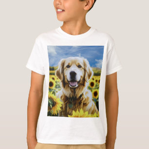 T-shirt Golden Retriever dans un champ de tournesol
