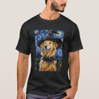 T-shirt Golden Retriever Witch Costume Painting Starry Nig