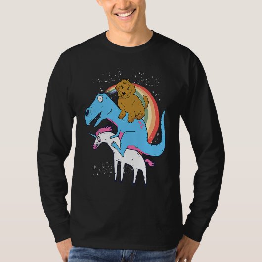 T-shirt Goldendoodle Dinosaur Riding Unicorn Kids Men Rain (Devant)