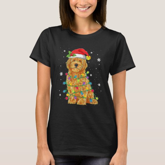 T-shirt Goldendoodle Noël Santa Hat Fairy Lights Paja (Devant)