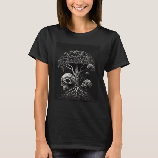 T-shirt Gothic Line Mushroom and a Cracked Skeleton Skull (Devant)