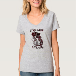 T-shirt Gothique Pirate Skull Femme Vivre Fast Die Jolie