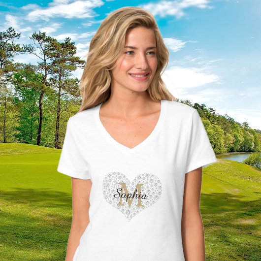 T-shirt Grand Coeur Diamant, Monogramme Or, Nom Du Script