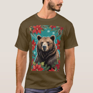 T-shirt Grand ours brun de Noël avec poinsettias
