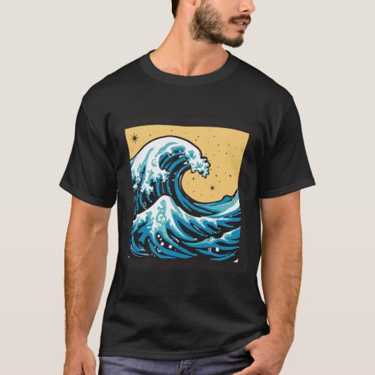 T-shirt Grande Vague sous un ciel jaune. Graphique vectori (Devant)