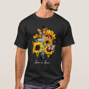 T-shirt Grandir en Grace Cross Sunflowers Papillons Christ