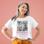 T-shirt Grandma 4 photo personnalisée<br><div class="desc">A la recherche d'un cadeau unique pour une grand-mère spéciale, ce t-shirt nana personnalisé est parfait! Avec le mot "grand-mère" dans une police de caractères rose stylisée, une citation drôle de grand-mère, un coeur d'amour mignon, 4 photos des petits-enfants, et leurs noms. Conseil photo : Découpez vos photos en carré...</div>