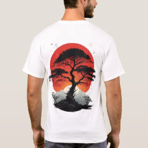 T-Shirt Graphique Arbre Bonsaï Japonais Soleil Rou