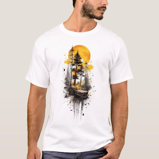 T-Shirt Graphique Coucher de Soleil en Forêt Dorée (Devant)