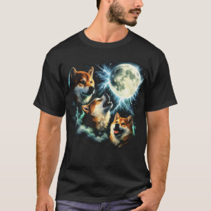 T-shirt Graphique de Shiba Inu hurlant à la Lune Céleste
