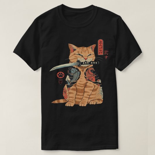 T-shirt Graphique de tatouage japonais Samurai Ninja Cat K (Design devant)
