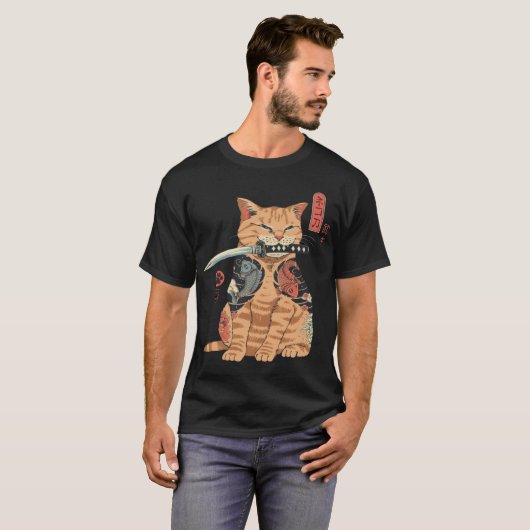 T-shirt Graphique de tatouage japonais Samurai Ninja Cat K (Devant entier)